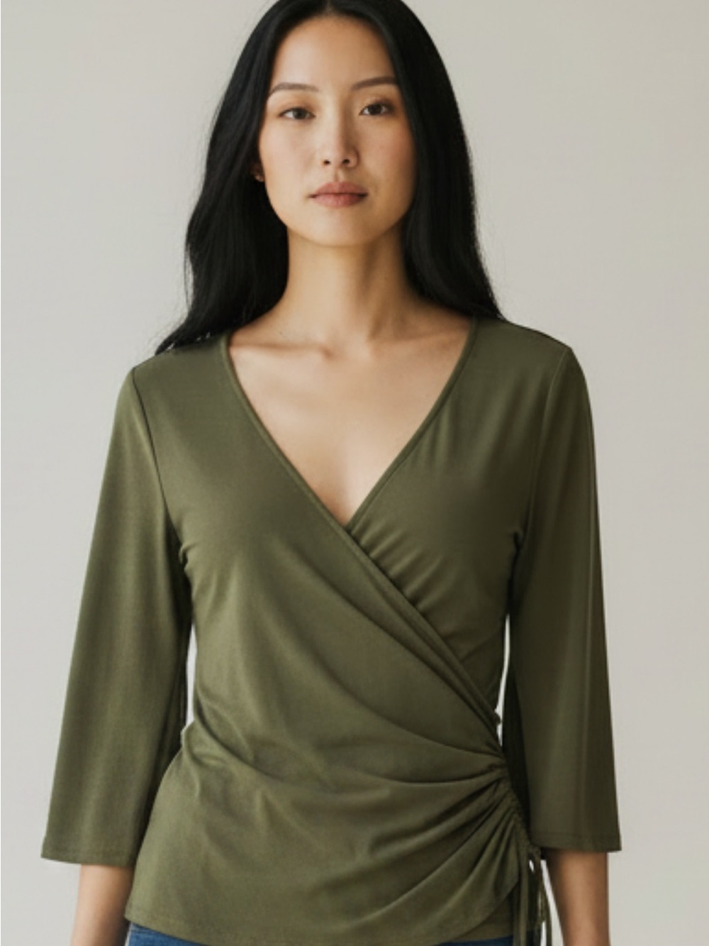 Worthington Olive Wrap-Front V-Neck Blouse